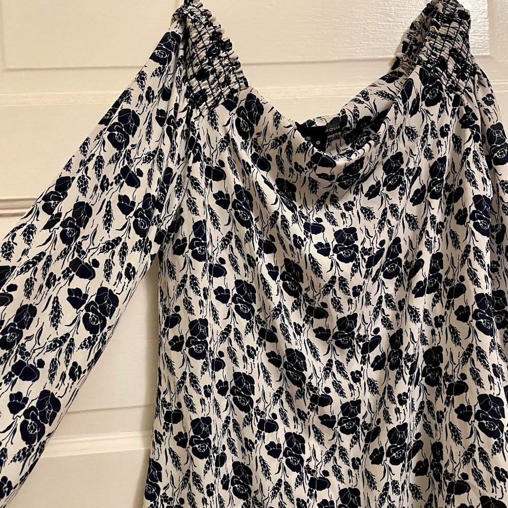 Romantic Blue and White Floral Off the Shoulder Blouse